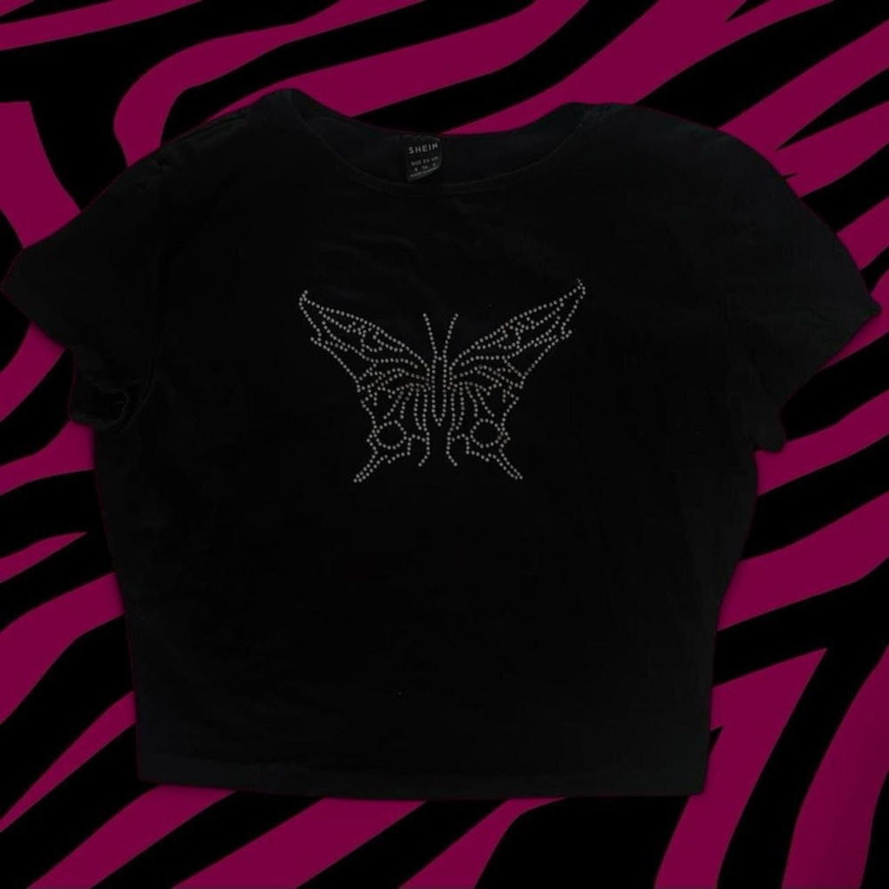 Black T-Shirt with Rhinestone Butterfly Design